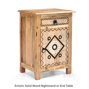 Chevet en bois massif d'art moderne - Table de chevet en bois de manguier artisanal avec incrustation d'os, 2 tiroirs pour la chambre à coucher, le bar à domicile - Product Image 2