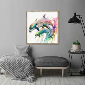 Obra de arte impresa en lienzo: Decoración de pared con diseño de delfín vibrante, lienzo con marco dorado - Product Image 1