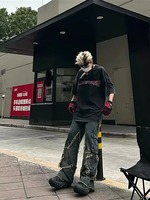 2026 Unisex Gotik Kot Pantolon Çapraz Askılı Bol Kesim Fermuarlı Zincir Detaylı Özel Reflektörlü Taşlanmış Bahar Kristal Düğmeli