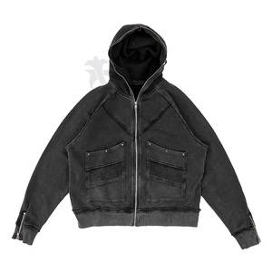 OEM personalizado de los hombres de la cremallera completa sudaderas con capucha parche bolsillo 3D patrón bordado Logo mangas lavadas peso 500 GSM polar invierno - Product Image 2