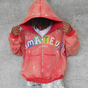 OEM Custom <b>Men's</b> Cotton Hoodie | Embroidered DTG Print | Vintage Distressed Acid Wash | Rhinestone Y2K French Terry Zip-Up | - Product Image 1