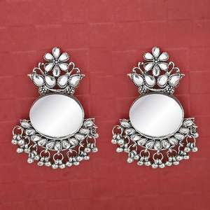 Jeweljunk <b>Fine</b> <b>Dangle</b> <b>Earrings</b> White Kundan Silver Plated Mirror Dangler Model 1314709 - Product Image 1