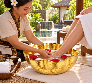 NJ Handmade Gold Hammered Copper Pedicure Bowl Round <b>Foot</b> <b>Bath</b> Basin with Base for Spa Home Use - Product Image 6