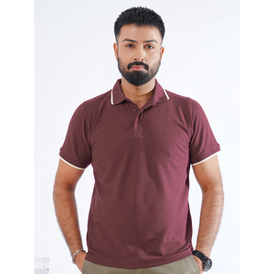 Men's Solid Color Short Sleeve Polo <b>Shirt</b> Cotton Knitted Casual Wear Maroon with White Trim Collar and Cuffs - Product Image 1