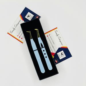 Pinzas de Acero Inoxidable Sólido para Extensión de Pestañas, de Alta Calidad, Duraderas, Precisas, Color Azul Cielo y Dorado, Venta al Por Mayor - Product Image 1