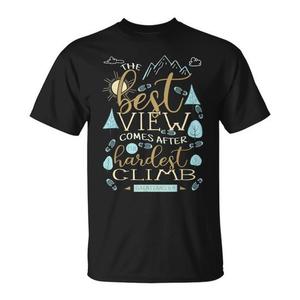 T-shirt unisexe pour adulte à col rond et manches courtes avec impression numérique et citation motivante : « La meilleure vue arrive après la plus dure ascension » - Product Image 1