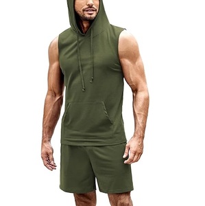 Custom Tracksuits for Men Pullover Hoodie and Short Set <b>Tank</b> Top Workout Joggers Cotton French Terry Men's Two Piece Hoodie Sets - Product Image 4