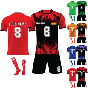 Ensemble complet d'uniformes de football en polyester 100% à séchage rapide, impression par sublimation, col en V, pour l'été, directement de l'usine - Product Image 1