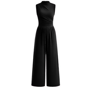 Combinaison sans manches pour femmes, col rond, une pièce, barboteuse, jambe large, tenue d'été en tricot solide avec poches - Product Image 1