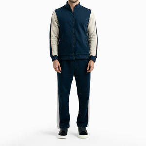 High Quality Wholesale Custom Sportswear Winter Hooded Solid Fleece Eco-Friendly Men Navy Blue <b>Zip</b> Up Tracksuit Set Modern Style - Product Image 1