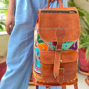 Sac à dos en cuir véritable brodé ethnique, sacs à dos multicolores brodés - Product Image 4