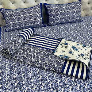 Indian Hand Block Printed Cotton <b>Quilt</b> <b>Bedding</b> Set Soft Modern Design King Size Duvet with Pillow for Bedroom - Product Image 1