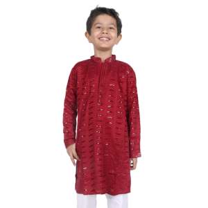 TRILOKI Kids Kurta Set for Boys <b>Red</b> Rayon Indian Traditional Ethnic Wear with Sequined Embroidery Pakistani Dress Style PARKID14 - Product Image 2