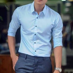 Camisa de vestir con cuello levantado de otoño para hombre, camisa sin hierro sólida de manga larga de negocios, informal, ajustada, sin arrugas, de Vietnam - Product Image 2