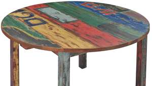Mesa de comedor redonda hecha de madera de barco reciclada maciza multicolor para uso en interiores y exteriores. - Product Image 4