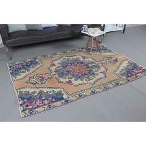 Alfombra Turca Vintage de 4.4x6.7 pies (133x204 cm), Alfombra de Lana Azul con Diseño Floral - Product Image 1