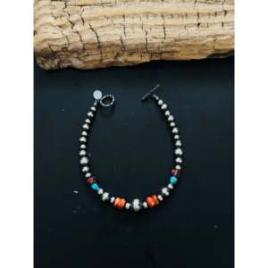Ethnic Ball-shaped <b>Bracelet</b> Navajo Strung Multi-Color Stone & Pearl Beaded Made of Sterling <b>Silver</b> for Gift - Product Image 1