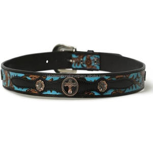 High Finish Turquoise Hand Carved Engraved Genuine Leather <b>Western</b> Tooling <b>Belt</b> with Metal Conchos & Designer Floral Buckle - Product Image 6