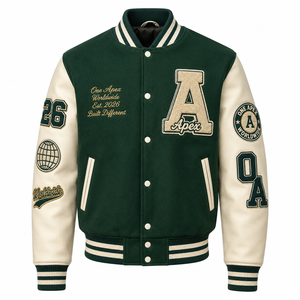 ONEAPEX INTERNATIONAL Custom Forest Green Men's <b>Winter</b> Hooded Letterman <b>Jacket</b> Wool Body White <b>Leather</b> Sleeves Chenille Casual - Product Image 3