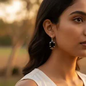 Pendientes Colgantes de Plata 925 con Zafiro Negro para Mujer, Joyería Vintage con Colgante/Perla de Agua Dulce Chapado en Oro - Product Image 2