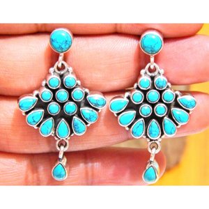 Boucles d'oreilles fines en argent sterling 925 faites à la main forme de goutte d'eau élégante avec pierre précieuse turquoise naturelle cadeau élégant pour elle - Product Image 1