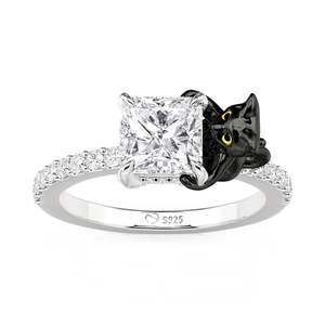 Jeulia Hug Me Black Cat Hidden Halo <b>Ring</b>-Rhodium Plated Sterling Silver Adjustable Anniversary <b>Ring</b> - Product Image 3