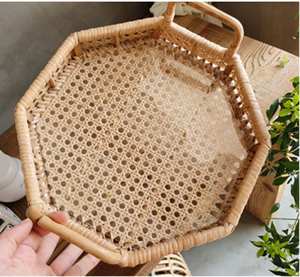 Nouvelle arrivée 2023 ensemble de 2 plateaux de service du rotin naturel écologique de la meilleure qualité avec surface en verre pour la décoration de la cuisine - Product Image 5
