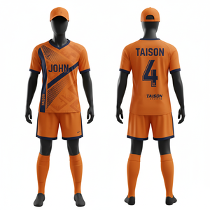 Women Soccer Uniform Set 160 GSM Premium Polyester Sports Fabric <b>Orange</b> Navy Stripe Panel Design Sublimation Custom Teamwear - Product Image 1