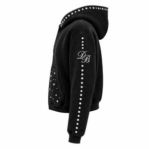 Unisex Black Washed Rhinestone Hooded Zip-Up Sweatshirt, Stylish Casual Y2K Cropped Hoodie <b>Jacket</b> with <b>Sparkling</b> Stud Details - Product Image 4