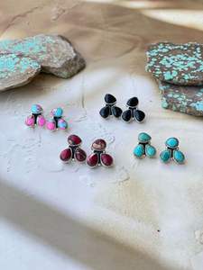 Three Stone Sterling Silver <b>Post</b> <b>Earrings</b> Handmade Natural Gemstone Accessories - Product Image 3