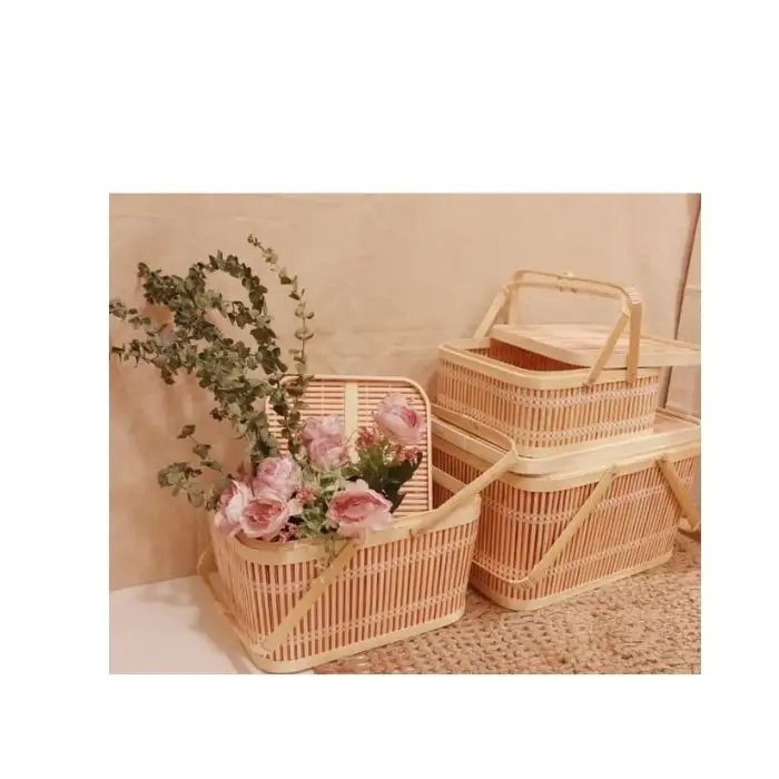 Cesta de bambu vintage para meninas, cesta de bambu feita à mão decorativa para embalagem de alimentos, caixa de presente de bambu para meninas