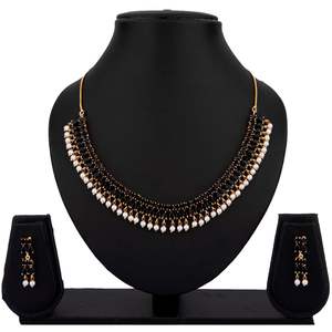 Parure de bijoux plaqué or pour mariage indien Bollywood cristal noir fausse perle collier ras du cou boucles d'oreilles pendantes - Product Image 4