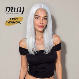 DWY Transparent Lace Front Glueless Synthetic <b>Long</b>-Length Straight <b>Wig</b> White Color Middle Part - Product Image 1