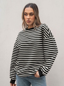 2025 nueva sudadera de gran tamaño para mujer, Sudadera con capucha de manga larga a rayas con cuello redondo bordado para el verano - Product Image 5