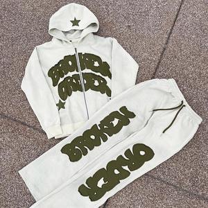Customizable 100% Cotton <b>Zip</b>-Up Embroidered Patch Hoodie Set Sun Faded Distressed Oversized Pattern Plus Size Winter Rhinestone - Product Image 3