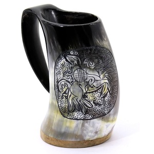 Jarra de cuerno natural hecha a mano, taza de estilo animal para aficionados vikingos para ágata de cerveza Mead Ale; característica impermeable - Product Image 1