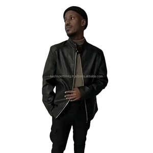 Veste de motard slim fit pour homme en cuir véritable noir avec poches zippées, vêtement d'extérieur décontracté, approvisionnement ODM - Product Image 4