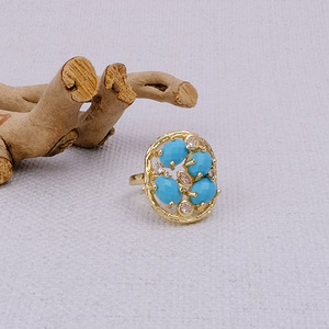 Bagues en pierre précieuse turquoise bleue plaquées or, sertissage à griffes, ovale, pierre de naissance de décembre, réglable, tendance, lot en vrac, fournitures de bijoux - Product Image 4