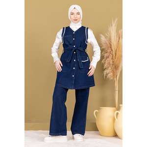 Conjunto de mezclilla azul oscuro Inci 19245 para mujer, conjunto casual de dos piezas acampanado, tallas XS-XXS, largo midi hasta la rodilla, combo de verano, jeans dobles con detalles. - Product Image 3