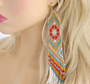 Boucles d'oreilles pendantes à franges perlées faites à la main, style bohème, bijoux fantaisie en perles de rocaille, cadeau - Product Image 2