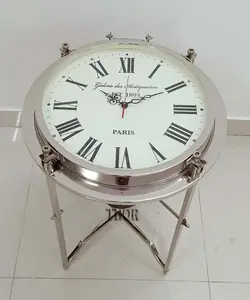带时钟的金属发送计时器表和带时钟的透明玻璃咖啡边桌独特的设计表时钟