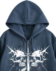 Sudadera con Capucha y Cremallera Azul Lavada, con Estampado Gráfico de Calavera, Estilo Urbano Extragrande, Chaqueta Gótica de Felpa de Algodón para Mujer, Fabricante Personalizado - Product Image 5
