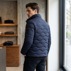 Men Padded <b>Quilted</b> <b>Jacket</b> Wave <b>Pattern</b> High Collar Warm Zip Up Winter <b>Jacket</b> Ribbed Cuff OEM ODM Wholesale - Product Image 4