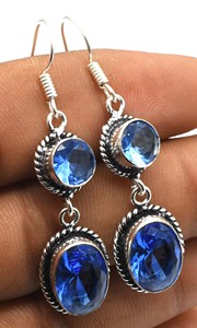 Boucles d'oreilles géométriques en argent plaqué topaze bleue pour femme, multicolores, à crochet français, serties clos, vente directe d'usine, cadeau américain - Product Image 2