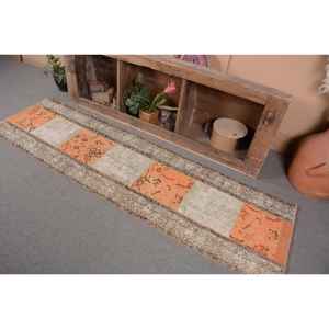 Alfombra turca vintage de 2,2x7,8 pies de retazos, naranja, gris, hecha a mano, área grande, rectángulo, pasillo, lana, poliéster, látex, alfombra para habitación - Product Image 3