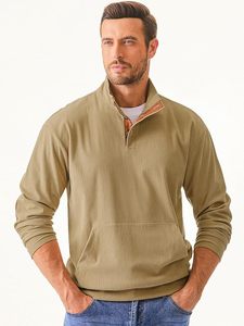 เสื้อสเวตเตอร์แขนยาวผ้าลูกฟูกสำหรับผู้ชาย, เสื้อสเวตเตอร์ลำลองลาย3D สีพื้นปกตั้ง - Product Image 4