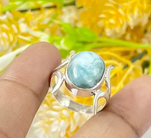 Handmade <b>Boho</b> Natural Larimar Gemstone Women's <b>Silver</b> Statement <b>Ring</b> Oval Cut Diamond Bezel Setting for Weddings - Product Image 5