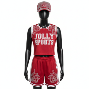 Ensemble short de basketball pour femmes, haut sans manches en maille polyester premium 180 GSM rouge avec logo thermocollé en strass, ensembles pour femmes 100% coton - Product Image 6