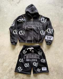 Ropa de calle personalizada Sun Faded Zipper up Summer Chándal Screen Print Vintage Boxy Fit Hoodie y Shorts Set para hombres - Product Image 2