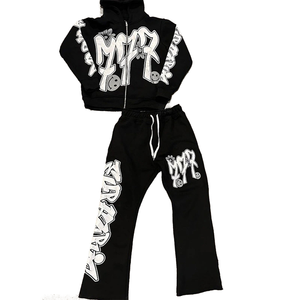 Streetwear personnalisé vintage sweat à capuche lavé à l'acide et pantalon de survêtement évasé ensemble de survêtement à broderie en détresse survêtement délavé au soleil - Product Image 1